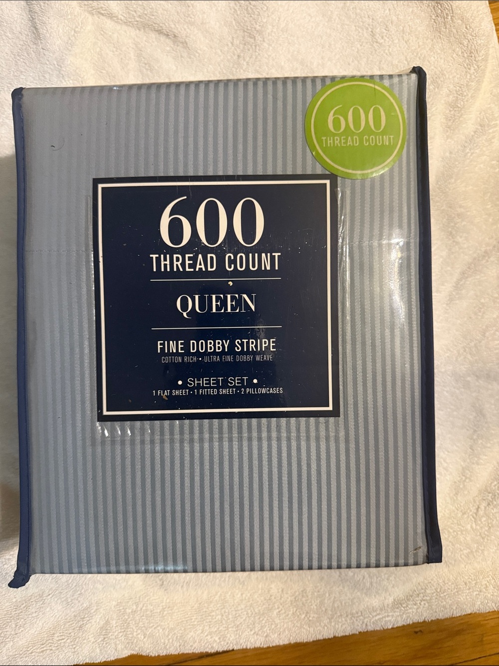 600 Thread Count Fine Dobby Stripe Queen Sheet Set - Blue